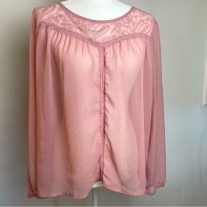 Nine 1 Eight Women’s Size M Cotton Blend Sheer Lace Top Long Sleeve Blouse Pink